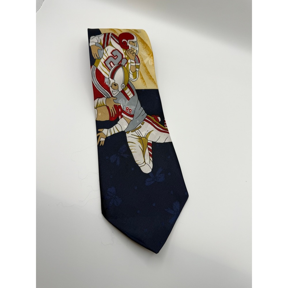 Dino Romaro Football Graphic Necktie OS Vintage Sports Navy Red Gold Kitschy